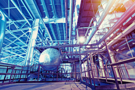 Industrial zone, Steel pipelines and cables in blue tonesの写真素材
