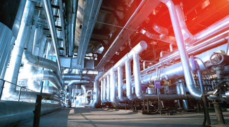 Industrial zone, Steel pipelines and cables in blue tones