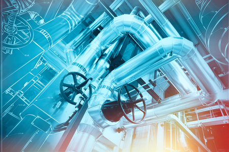 Equipment, cables and piping as found inside of a modern industrial power plantの写真素材