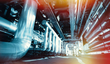 Industrial zone, Steel pipelines and cables in blue tones