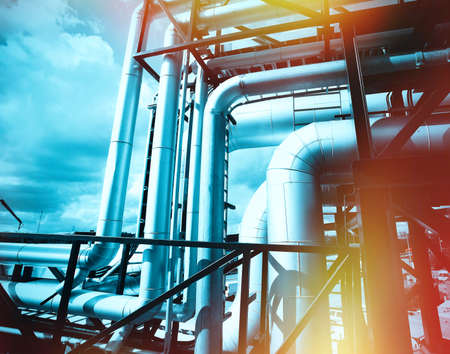 Industrial zone, Steel pipelines and equipment in blue tonesの写真素材