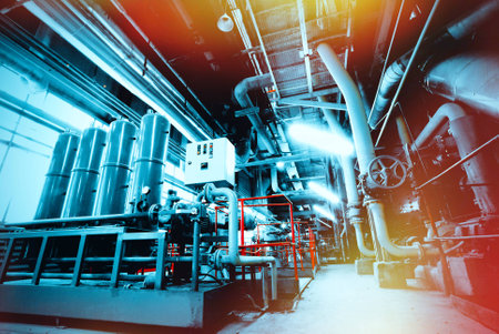 Equipment, cables and piping as found inside of a modern industrial power plant                 の写真素材