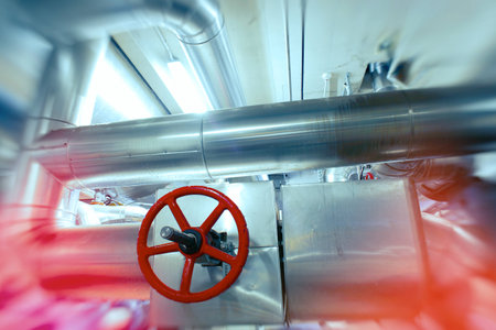 Industrial Factory. Various mechanisms and metal pipes. Toned image. Motion blur effect.
