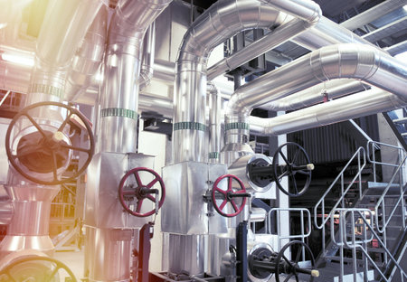 Equipment, cables and piping as found inside of a modern industrial power plant