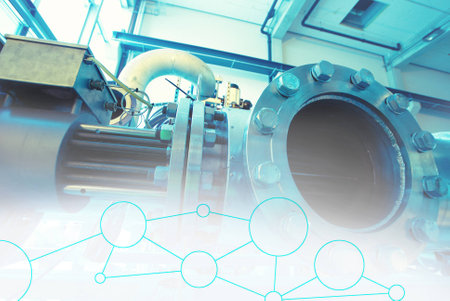 Industry network concept image. industrial piping in the factory with networking icons, smart...