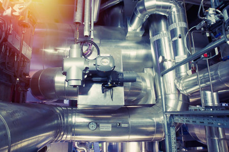 Equipment, cables and piping as found inside of a modern industrial power plant    