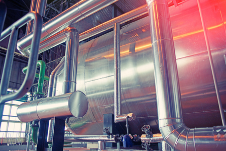 Industrial Steel pipelines, valves, cables and walkwaysの写真素材