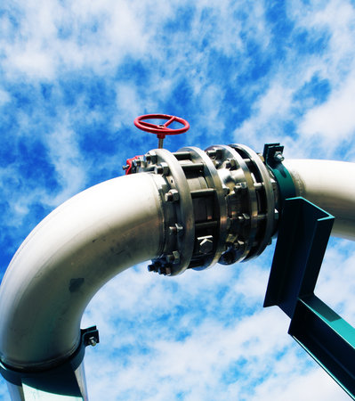 Industrial zone, Steel pipelines and equipment in blue tones