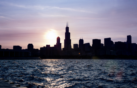 Chicago sky line on a sunset   Lake Michiganの写真素材