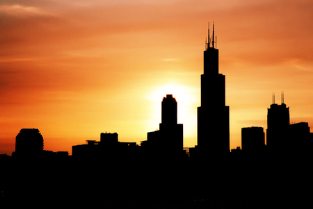 Chicago city downtown urban skyline at dusk on the Sunsetの写真素材