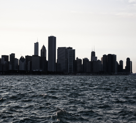 Chicago city downtown urban skyline at dusk with skyscrapers over Lake Michigan  .Night view Chicago. Usaの写真素材