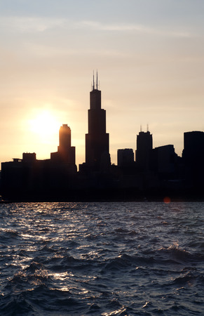 Chicago city downtown urban skyline at dusk on the Sunsetの写真素材