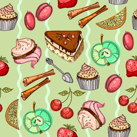 Sweets seamless pattern. Pastries, zephyr, cakes, sweet background for the menu, seamless pattern hand drawn vectorのイラスト素材