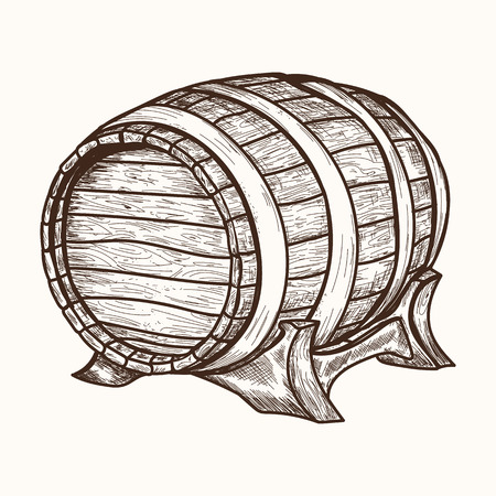 Wooden barrel. Hand drawn retro vintage illustration, engraved style. Old wood keg. Barrel for storage of wine, beer, alcoholのイラスト素材