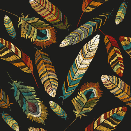 Color feathers embroidery seamless pattern. Beautiful bright tropical peacock feathers embroidery, hand drawn fashion template clothes, textiles, t-shirt designのイラスト素材