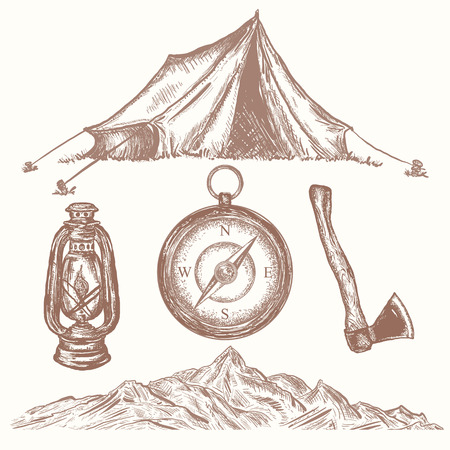 Camping vacation objects hand drawn elements. Camping tent, compass, axe, kerosene lamp, mountain, adventure collectionのイラスト素材