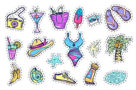 Tropical rest fashionable patch badges, cute elements Vector summer collection. Summer beach fashion stickers comic style of 80s-90sのイラスト素材