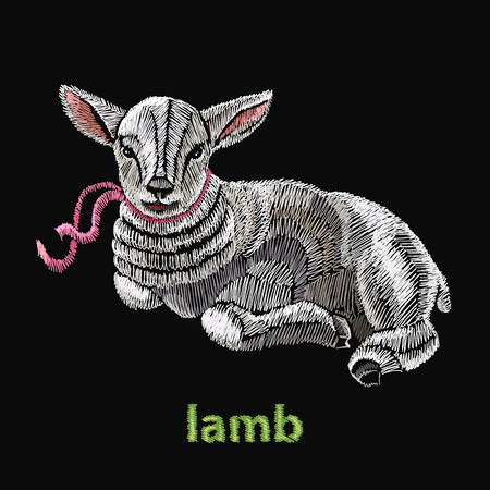 Embroidery lamb. Embroidery portrait of a beautiful young lamb template for clothes, textiles, t-shirt designのイラスト素材