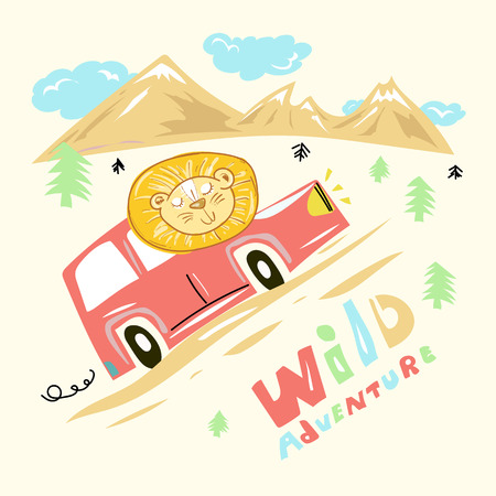 Lion goes to a travel. Children's illustration. Happy young lion drives car to mountainsのイラスト素材