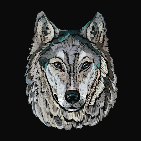 Embroidery wolf. Embroidery portrait of gray wolf vector, template for clothes, textiles, t-shirt designのイラスト素材