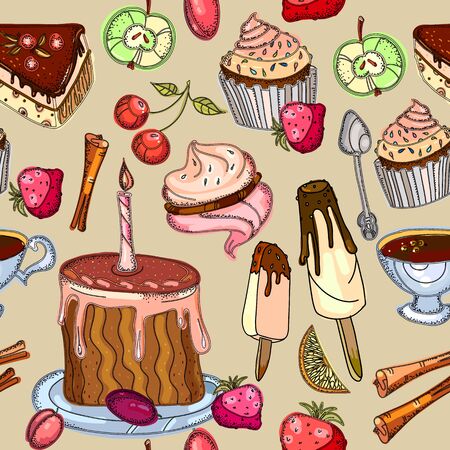 Sweets hand drawn seamless pattern. Sweet backgroundのイラスト素材