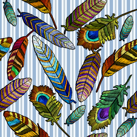 Color feathers embroidery seamless pattern. Beautiful tropical peacock feathers embroidery, hand drawn fashion template for clothes, textiles, t-shirt designのイラスト素材