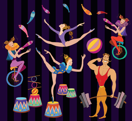 Circus hand drawn collection. Acrobat, clown, carnival show actors vector. Retro circus collection vintage styleのイラスト素材