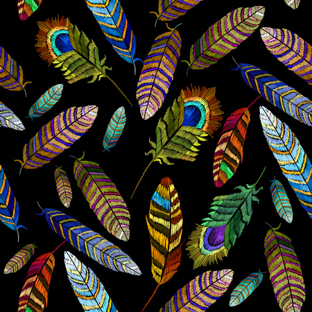 Color feathers embroidery seamless pattern hand drawn fashion template for clothes, textiles, t-shirt design. Beautiful bright tropical peacock feathers embroideryのイラスト素材