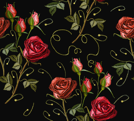 Embroidery red roses vector seamless pattern. Template for clothes, textiles, t-shirt design. Beautiful buds of red roses classical embroidery on black backgroundのイラスト素材