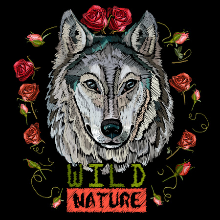 Portrait of a strong wolf with red roses.のイラスト素材
