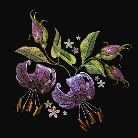 Embroidery tiger lillies. Beautiful tiger lillies classical embroidery on black background. Template for clothes, textiles, t-shirt designのイラスト素材