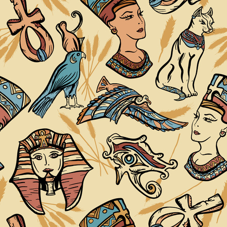 Ancient Egypt vintage seamless pattern, old school tattoo. Pharaoh, ankh, eye Ra, Nefertiti, cat. Ancient Egypt art pattern. Classic flash tattoo style Egypt, patches and stickersのイラスト素材