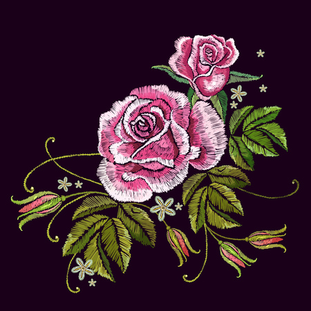 Embroidery spring roses. Template for clothes, textiles, t-shirt design. Beautiful buds of red roses classical embroidery on black backgroundのイラスト素材