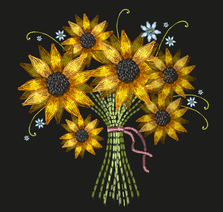 Embroidery bouquet of sunflowers vector. Template for clothes, textiles, t-shirt design. Classical embroidery fashion sunflowers.のイラスト素材