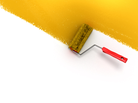 roller brush with red paintの写真素材