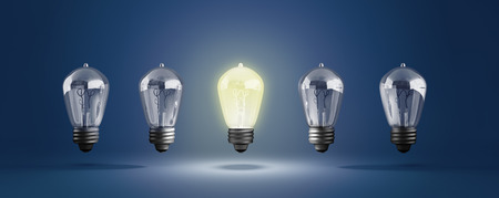 Idea concept with row of light bulbs and glowing bulb 3d illustration on blue