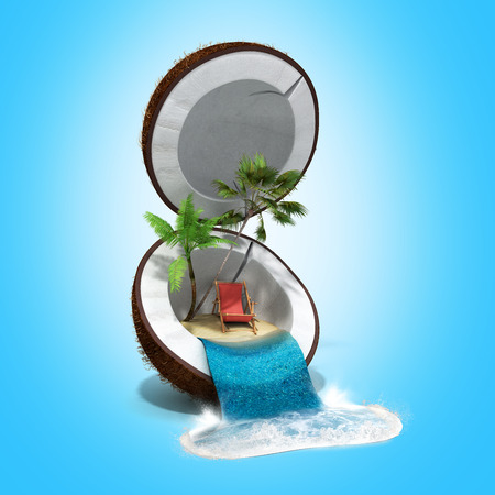 tropical island in coconut Travell concept 3d render on gradientの写真素材