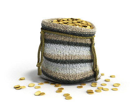 Handicraft handmade knitting small bag of gold coins 3d illustration on whiteの写真素材