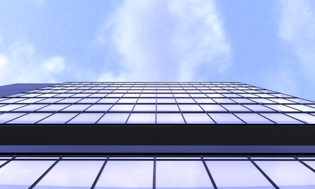 3d ilustration of glass building view from below with background