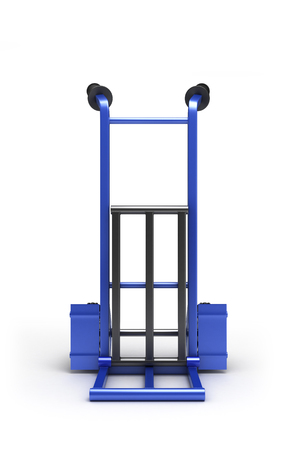 blank blue two-wheeled hand truck for transporting heavy loads, isolated on white backgroundの写真素材