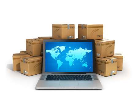 cardboard boxes package parcels and laptop - Logistic, cargo, delivery, and shipping concept 3D renderingの写真素材