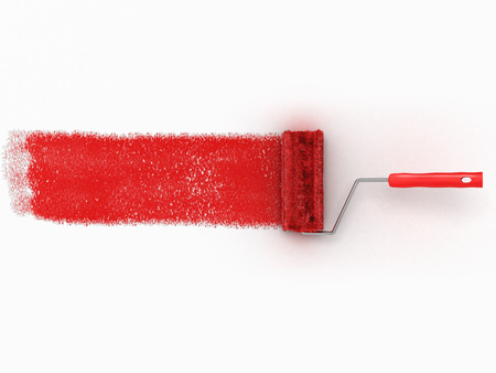 roller brush with red paint track mockup. Creative, decorating and renovation toolの写真素材
