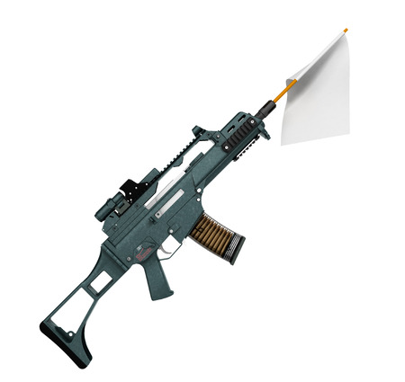 concept defeat white flag from the barrel of the machine 3d illustrationの写真素材