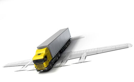 concept of fast delivery Commercial vehicle in the background with a silhouette of an airplane 3d render on whiteの写真素材
