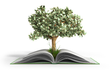 tree growing from book A big open book with coins and tree Reading makes you richer concept 3d renderの写真素材