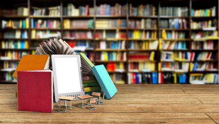 E-book reader Books and tablet 3d render Success knowlage concept