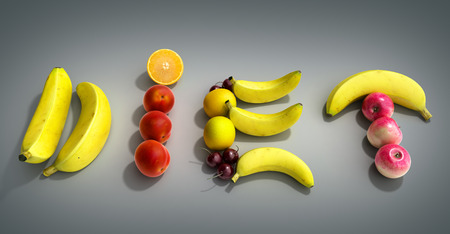 white plate with laid out on her word diet composed of slices of different fruits 3d render on greyの写真素材