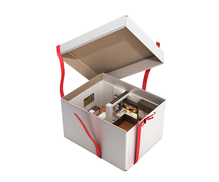 Concept apartment as a gift Kitchen interior in an open box 3d render on white no shadow