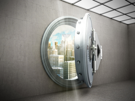 Concept of safe city Big safe door with city ingots High resolution 3D imageの写真素材