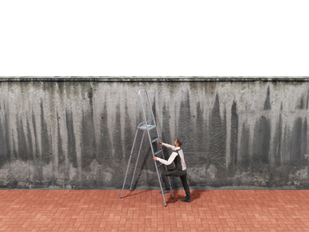 The concept of the pursuit of success A man will climb a wall along a ladder 3d renderの写真素材